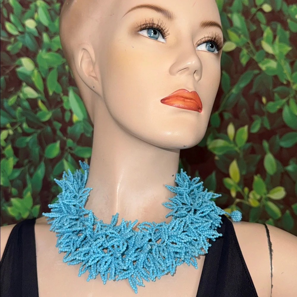 Blue Coral Designed Glass Beaded Fringe Necklace